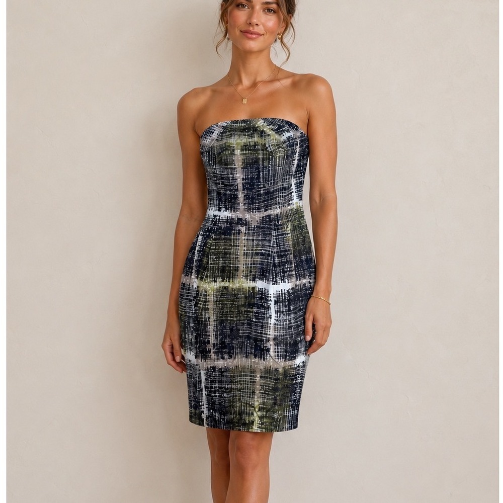 Edme & Esyllte Strapless Sheath Dress Womens 2 Green Abstract Grid Anthropologie